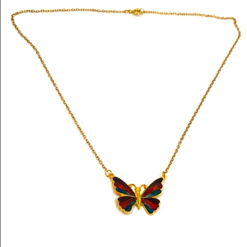 Enamel Butterfly Pendant Necklace Gold Tone